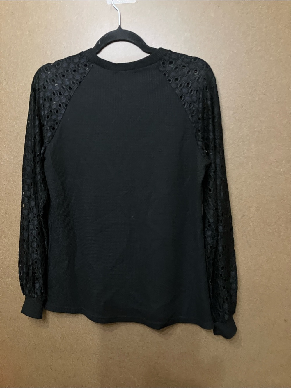 Waffle Knit Long Sleeve Top with Lace Sleeves - Black - Picture 8 of 9